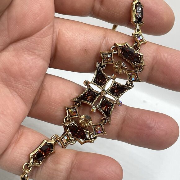 Rare Gold Tone Vintage Brown AB Glass Rhinestone Necklace Bracelet Earrings Set - Picture 4 of 9